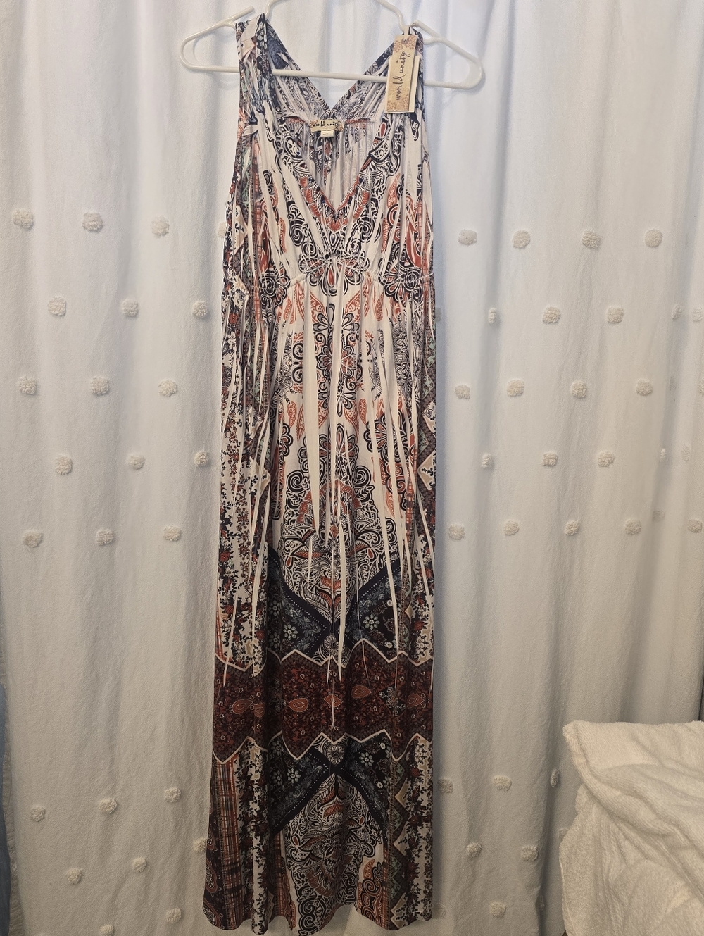World Unity Womens Boho Printed Maxi Dress in Cream, Navy & Rust Size Xs Nwt